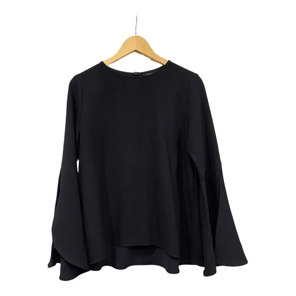 HALOGEN Navy Blue Blouse Flutter Bell Sleeve sz S - Picture 2 of 6